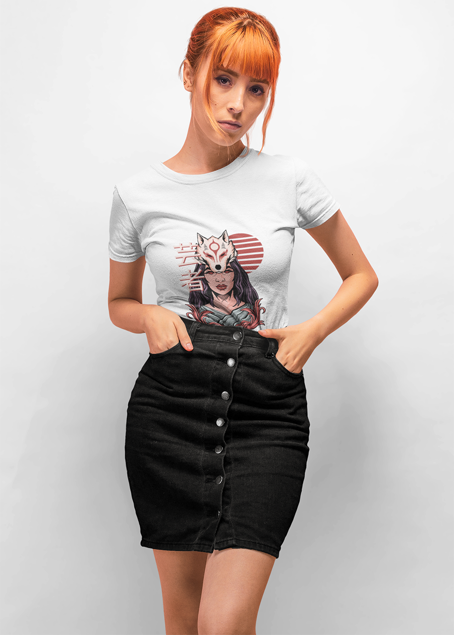 Fox Masked Woman Graphic Tee — Japanese Kitsune Spirit Illustration