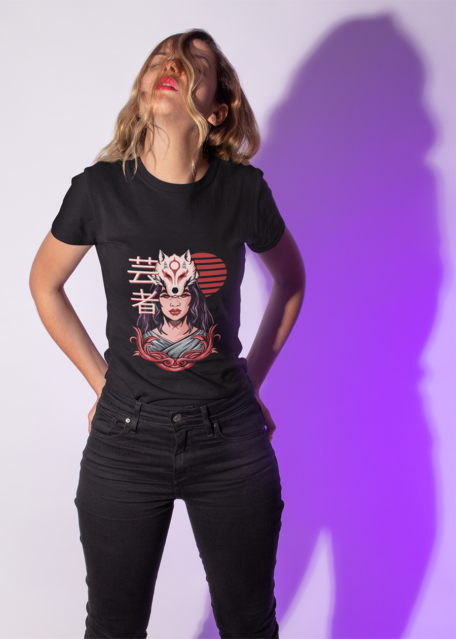 Fox Masked Woman Graphic Tee — Japanese Kitsune Spirit Illustration