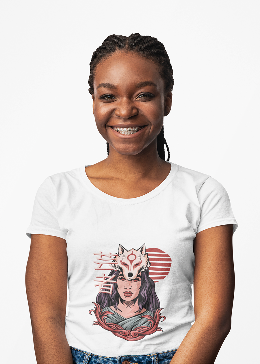 Fox Masked Woman Graphic Tee — Japanese Kitsune Spirit Illustration