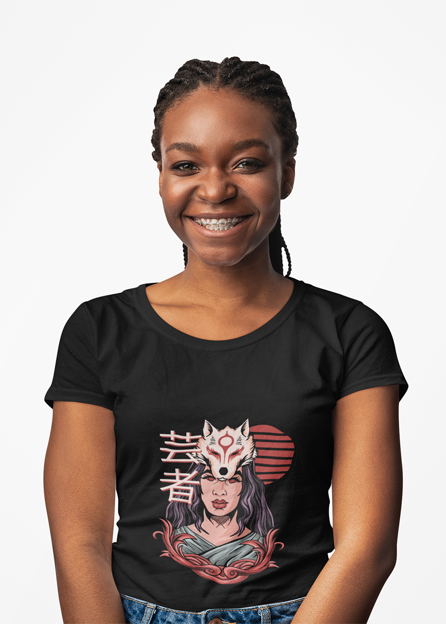 Fox Masked Woman Graphic Tee — Japanese Kitsune Spirit Illustration