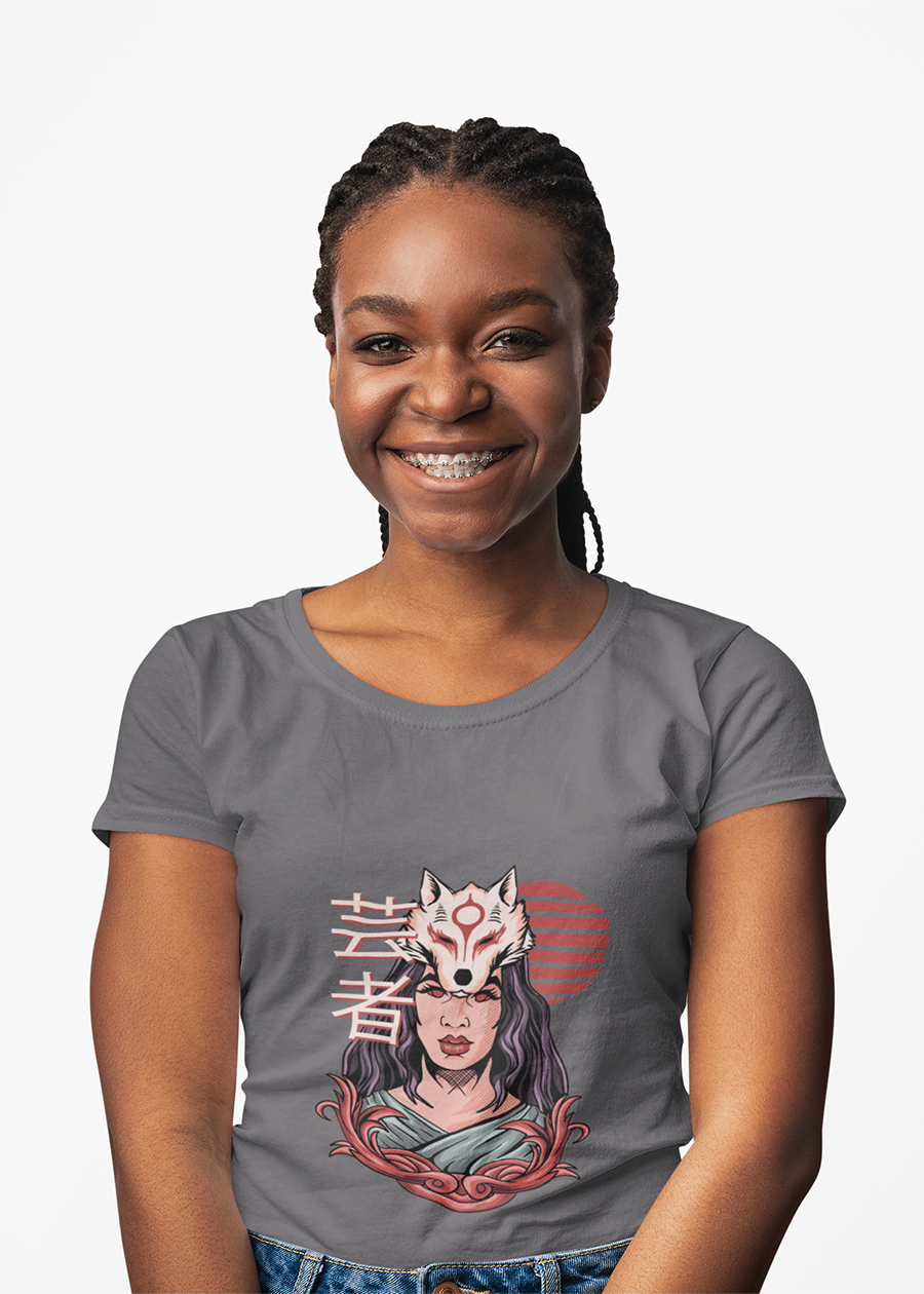 Fox Masked Woman Graphic Tee — Japanese Kitsune Spirit Illustration