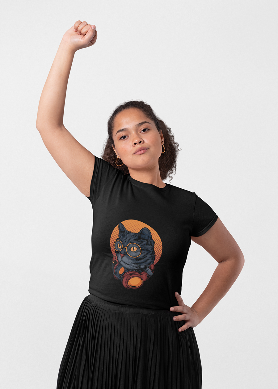 Cat DJ T-Shirt — Cute Black Cat with Headphones & Glasses Graphic Tee
